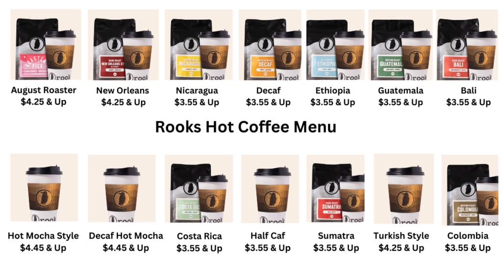 rook coffee menu hot coffees