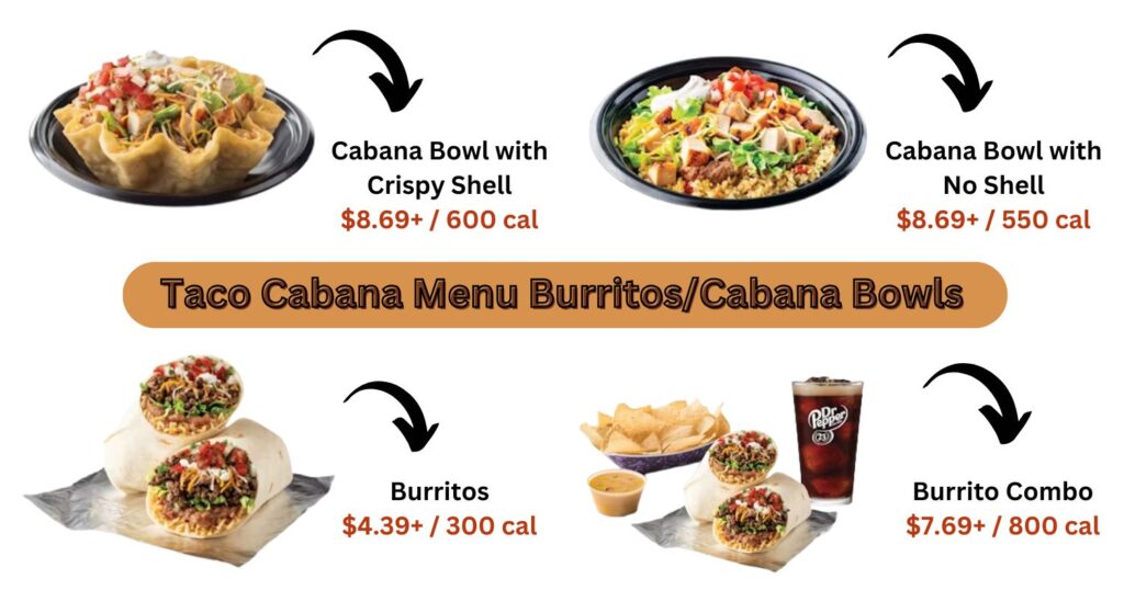 Taco Cabana Menu Burritos/Cabana Bowls